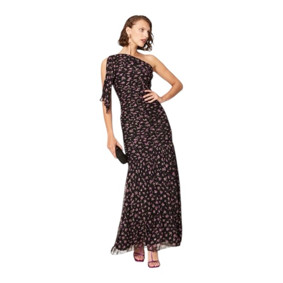 Shoshanna Midnight Vivine Maxi Dress in Tossed Rose One Shoulder in Black Size 4 - Picture 1 of 11